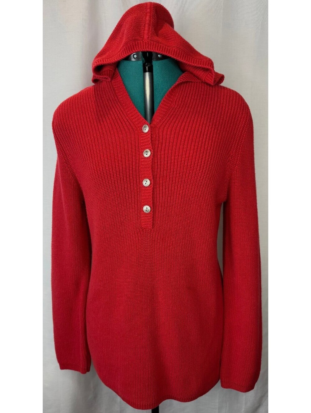Chico’s Y2K Red 100% Cotton Hooded Henley Sweater Size 1 M Button Pullover